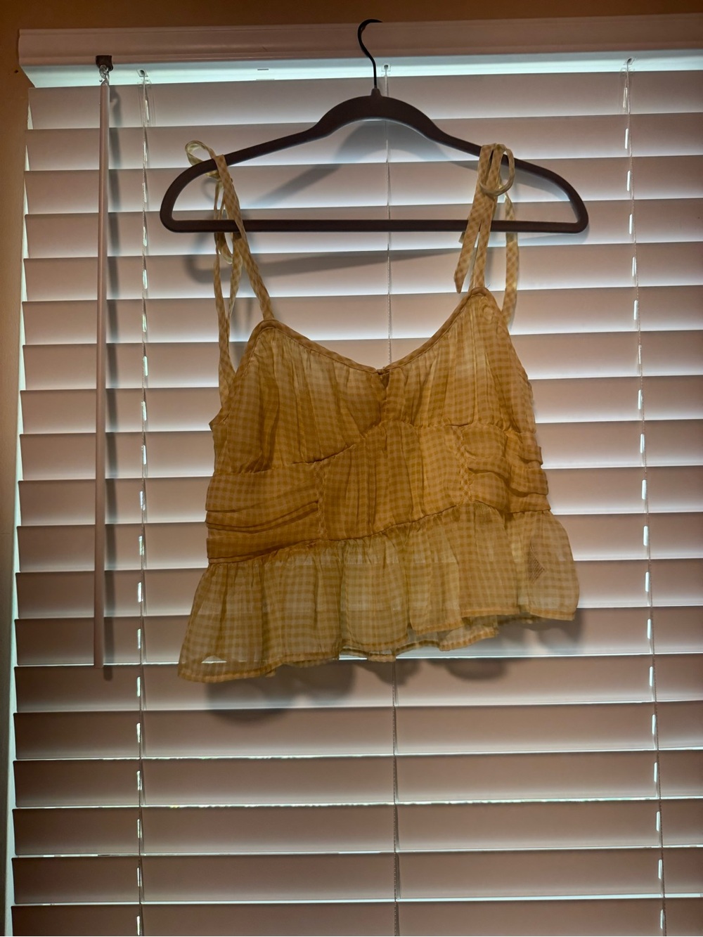 American Eagle Outfitters Yellow Gingham Tie-Shoulder Ruffle Crop Top